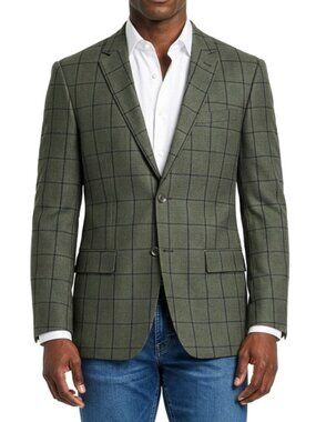 Olive Textured Windowpane Notch Lapel Modern Fit Men's Jacket